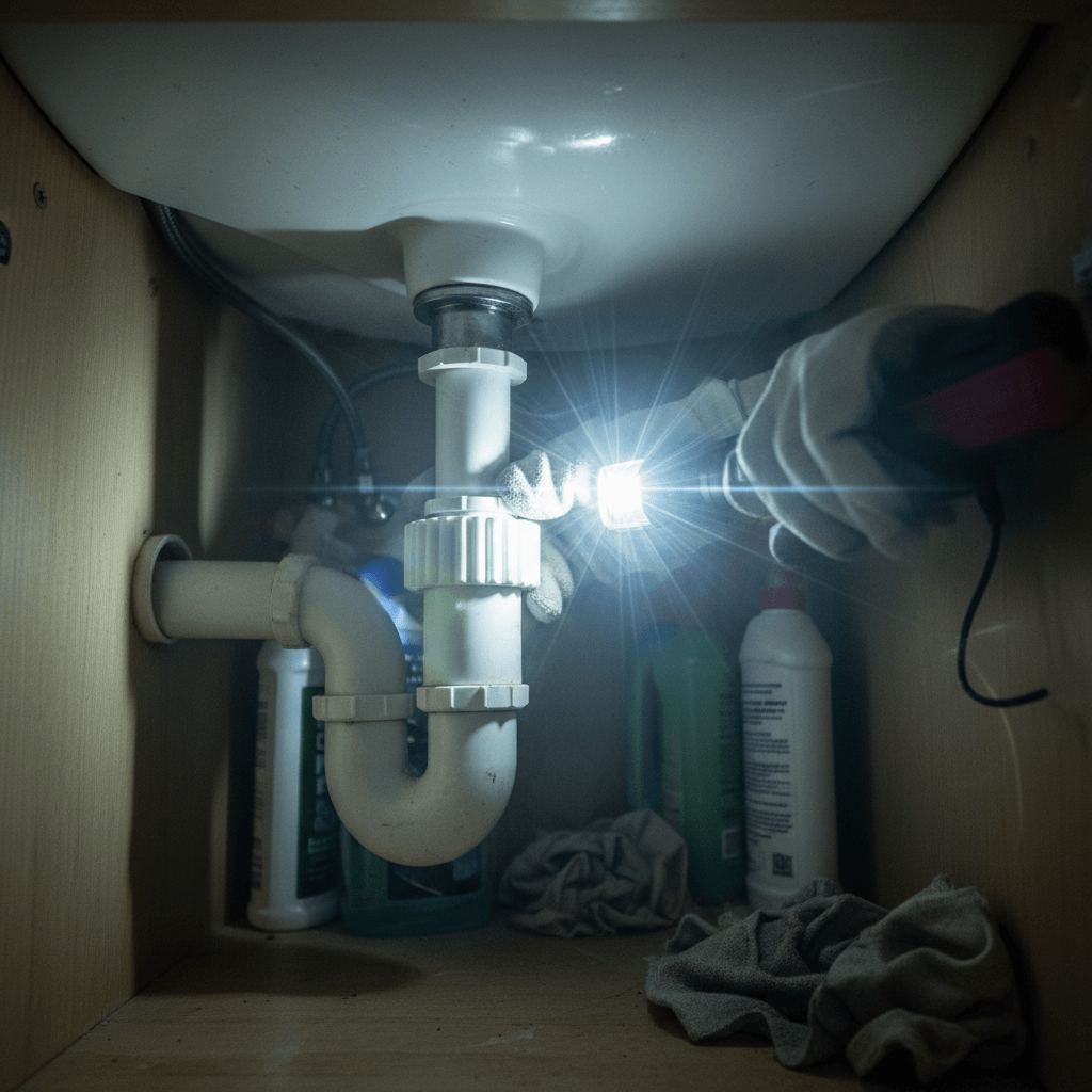 Klempner montiert neuen Siphon unter Waschbecken