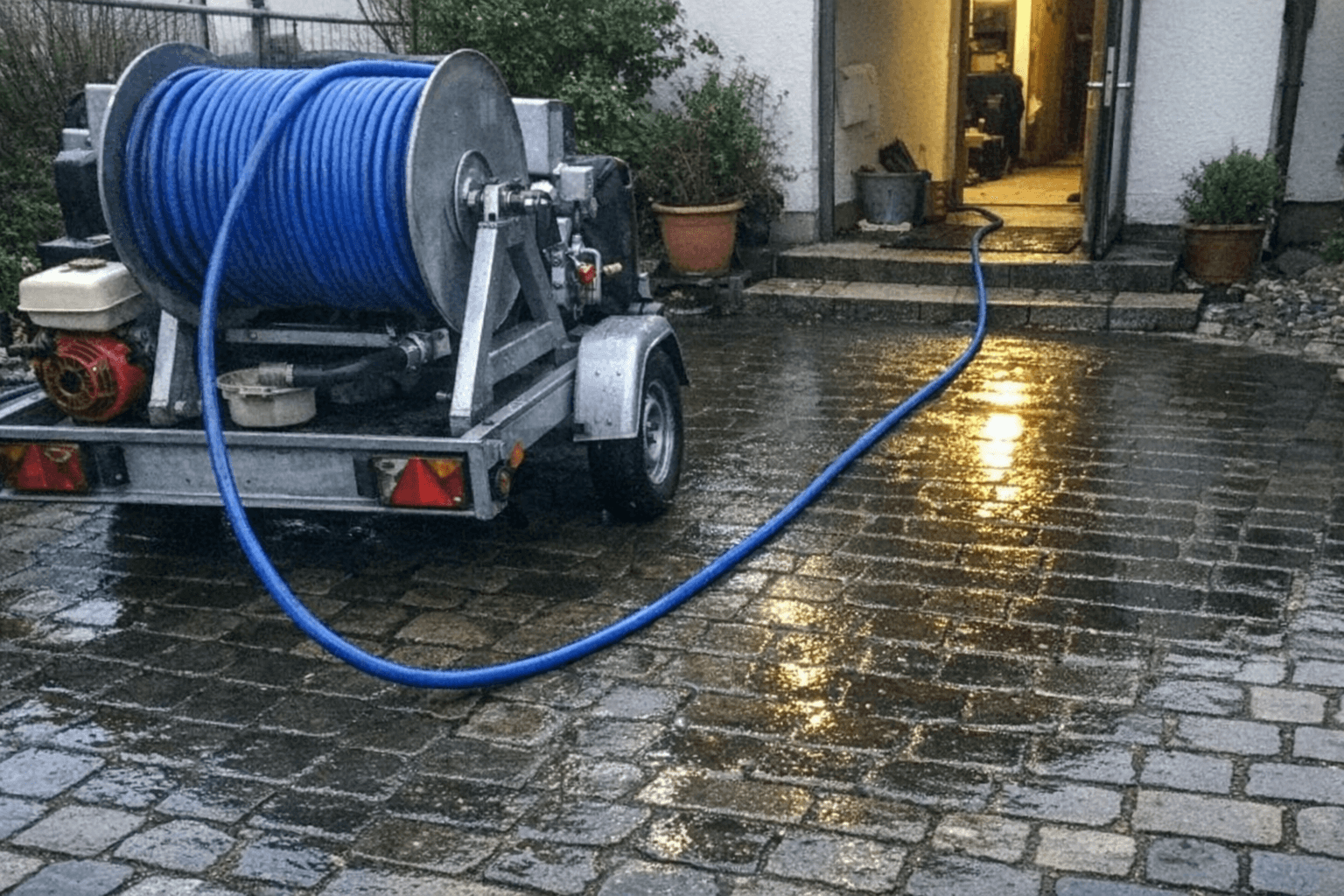 Hochdruckspülgerät zur Rohrreinigung vor einem Wohnhaus