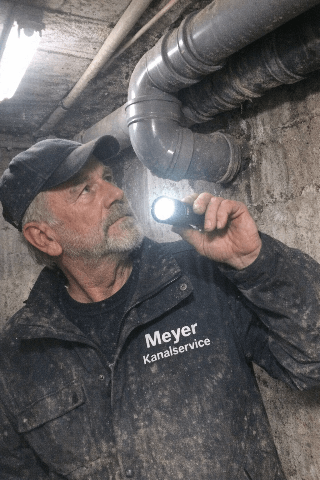 Erfahrener Handwerker begutachtet Rohrleitungen im Keller